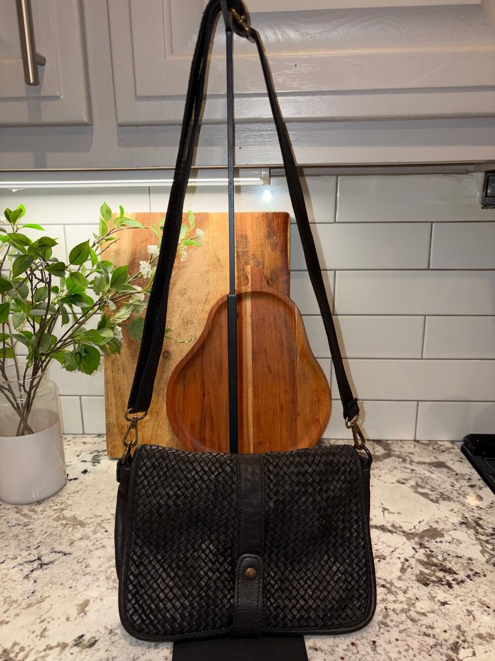 Italian Vera Pelle Black Woven Leather Small Crossbody Purse